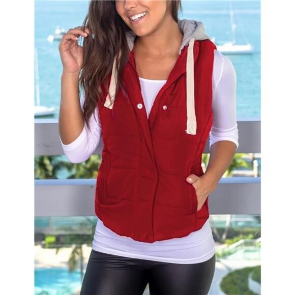 Women's Slim Sleeveless Quilted Removable Hooded Winter Red - Picture 2 of 6
